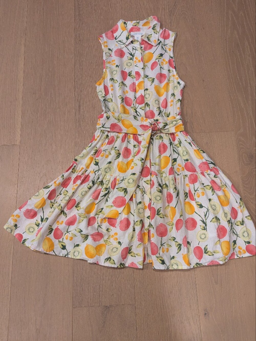 White Linen Blend Fruit-Print Summer Dress with Pink & Yellow Accents